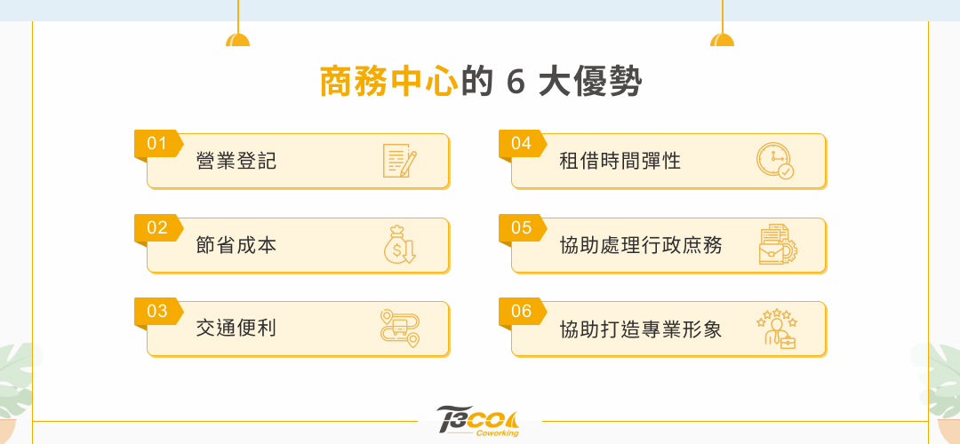 商務中心 6 大優勢 ☑️ 營業登記☑️ 節省成本☑️ 交通便利☑️ 租借時間彈性☑️ 協助處理行政庶務☑️協助打造專業形象